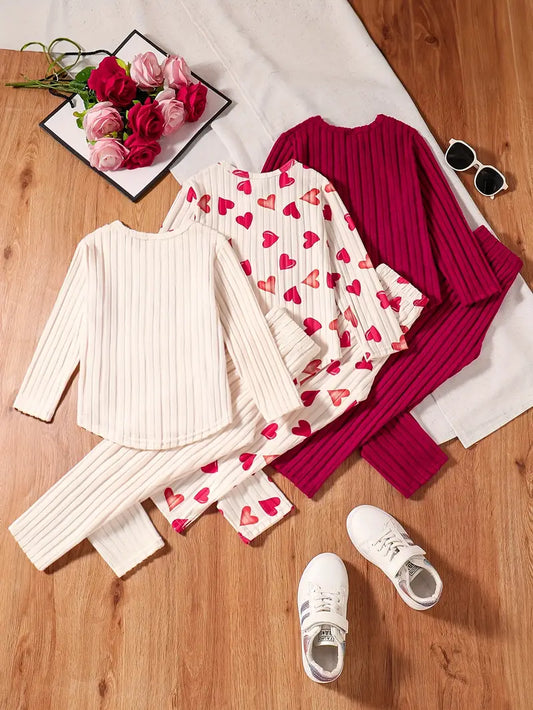 2 Piece Set Girls Simple Heart Print Ribbed Round Neck Knitted Long-Sleeved Tops + Matching Elastic Waistband Trousers Set. Age 4 Years