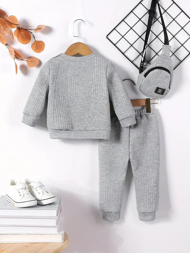 3pcs Boys' Autumn/Winter Casual Fashion Round Neck Pullover, Trousers and Crossbody Bag - Perfect for Outdoors