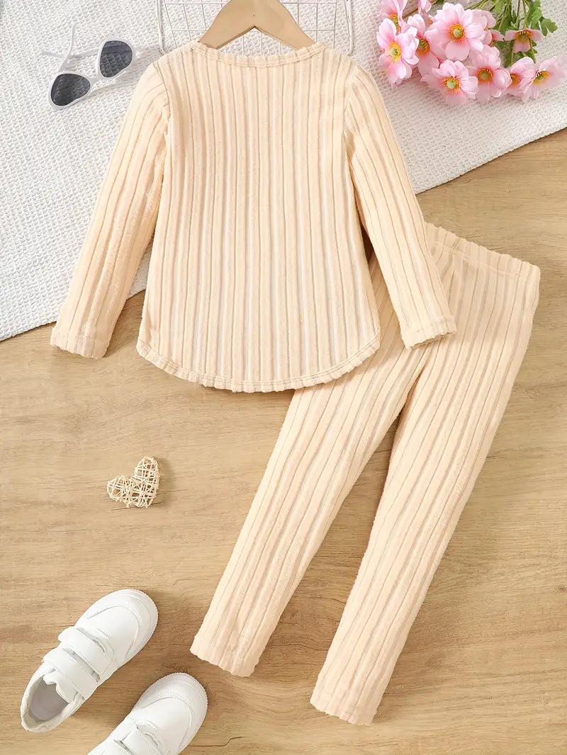 2pcs Set. Girls' Long Sleeve Crew Neck Outfit for Autumn/Winter, Plush Ribbed, Straight Leg Leggings Different Colours and Sizes Avaialble.
