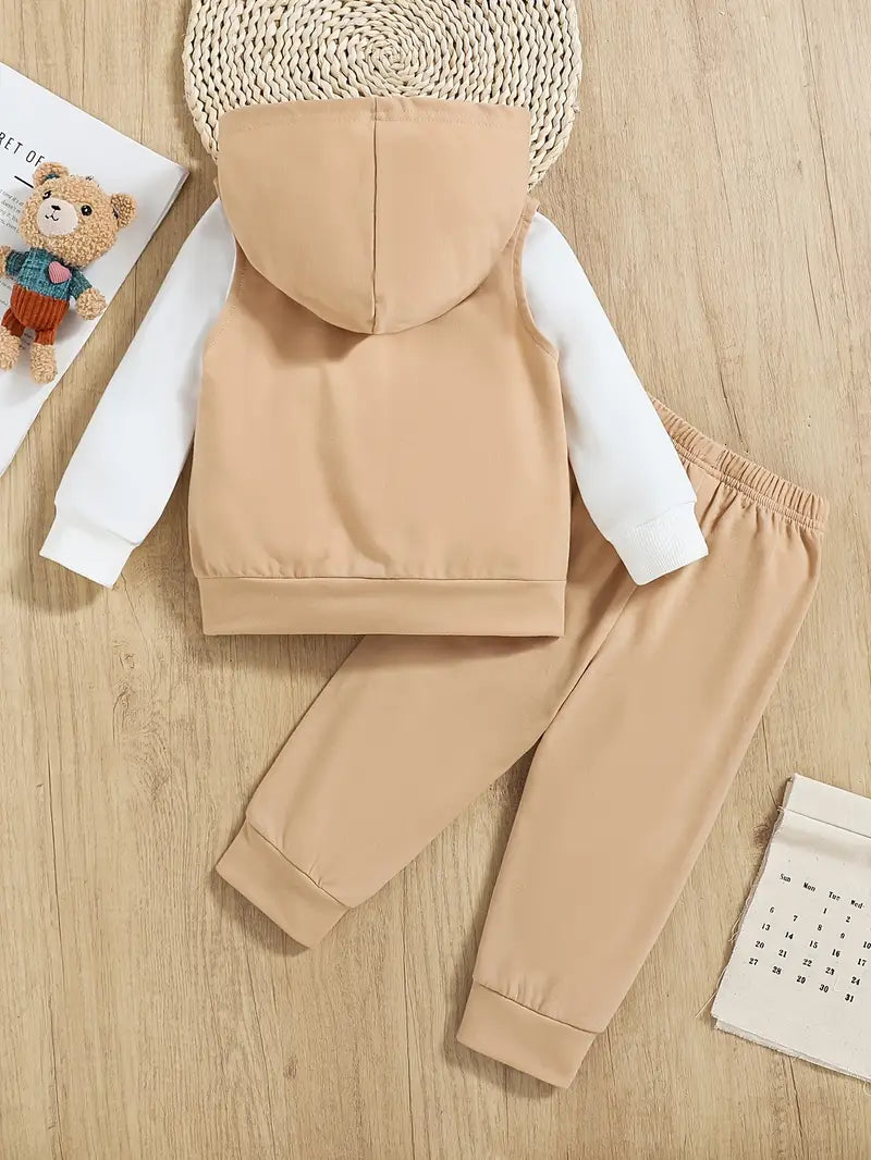 3pcs Boys' Bear Set Hooded Vest, Bear Print Sweatshirt and Trousers Outdoor Outfit Age 2-3years