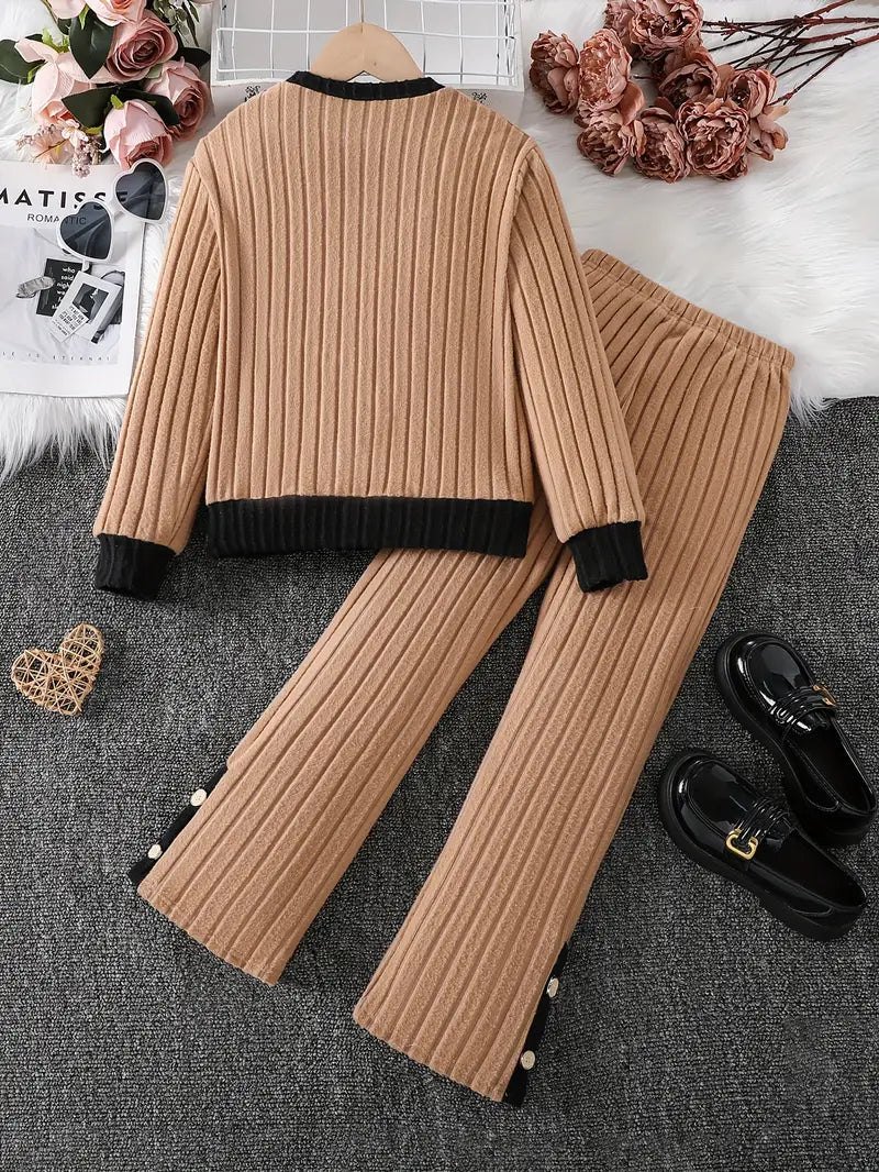 2 Piece Set Elegant Round Neck Patchwork Long Sleeve Fleece-Like Ribbed Mock Button Front Blouse