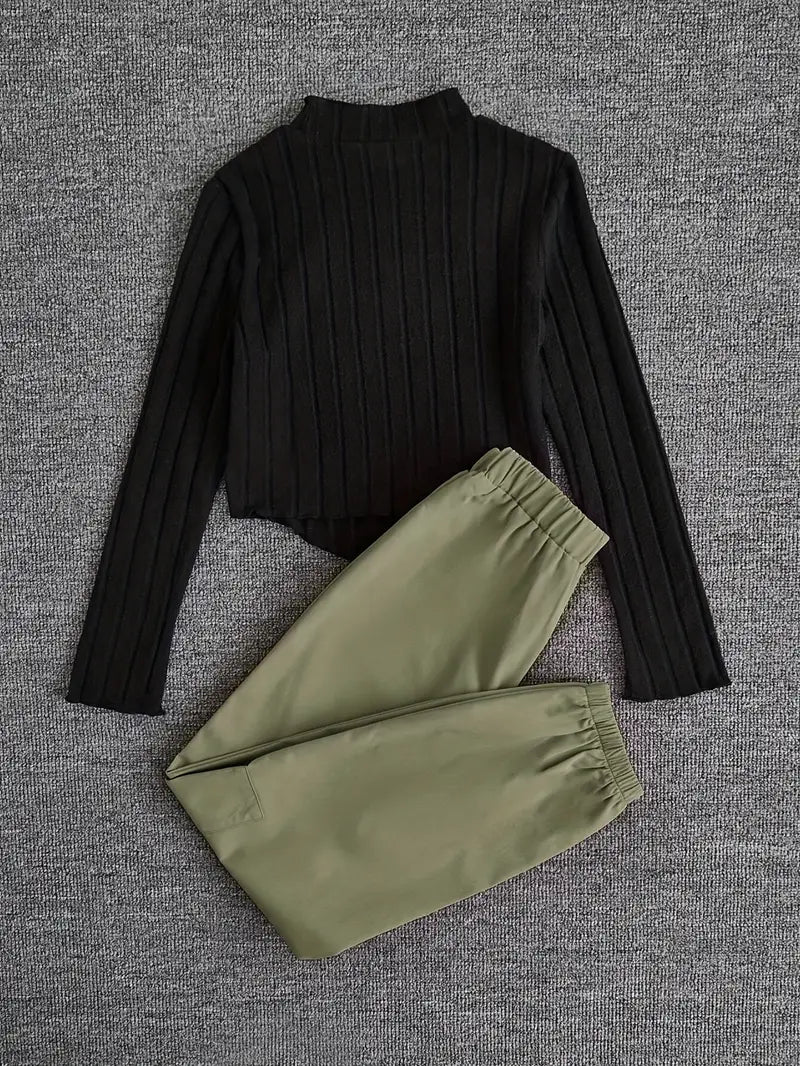 2 Piece Set Street Style Crew Neck Sweatshirt & Embroidered Cargo Pants, Regular Fit,