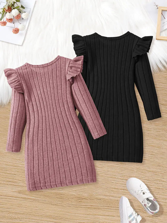 1 Piece Long Sleeve Dresses with Bow Detail - Lightweight Stretchy Fabric, Ribbed Texture, Mid-Length