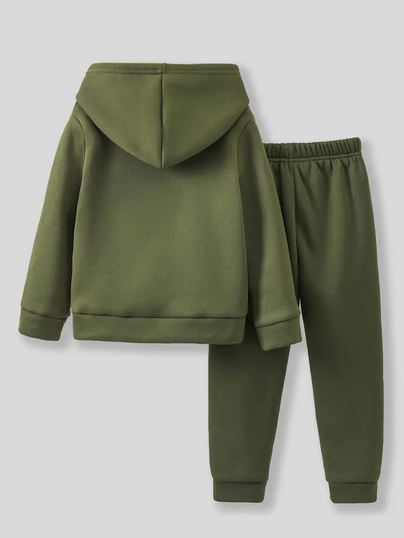 2pcs Girls' Printed Heart Pattern Hooded Fleece Sweatshirt & Joggers Set