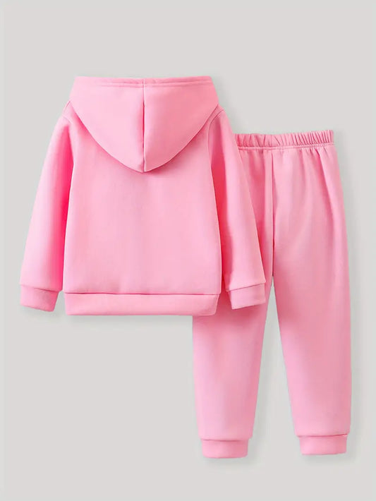 2pcs Girls' Printed Heart Pattern Hooded Fleece Sweatshirt & Joggers Set