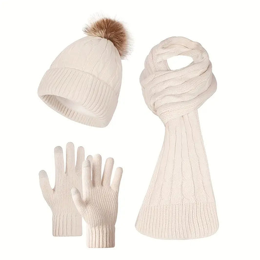 3pcs Womens Simple Solid Colour Vertical Stripe Twisted Plaid Knitted Fleece Beanie, Scarf and Gloves Set