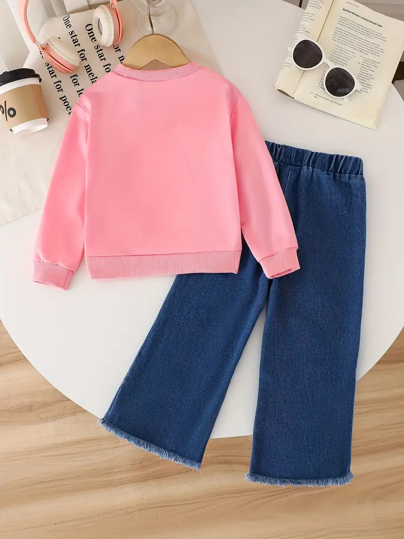 Sweet And Cute Crew Neck Long Sleeve Top + Soft Jean Trousers with Bow Two-Piece Pink and Blue