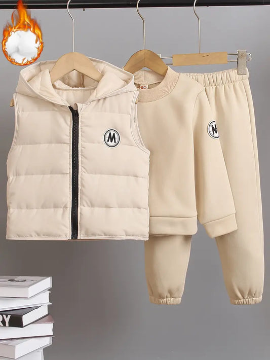Round Neck Sweatshirt, Elastic Waist Pants, Fleece-Lined Hooded Vest Three-Piece Set colour-Apricot