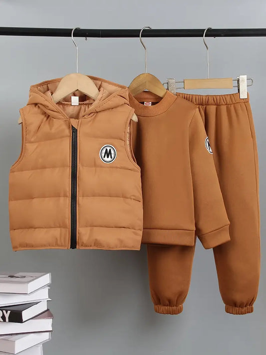 Round Neck Sweatshirt, Elastic Waist Pants, Fleece-Lined Hooded Vest Three-Piece Set colour-coffee