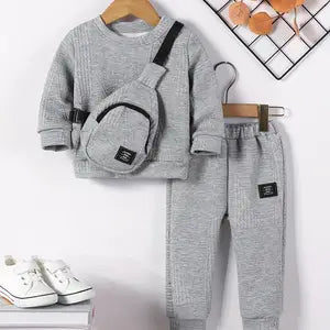 3pcs Boys' Autumn/Winter Casual Fashion Round Neck Pullover, Trousers and Crossbody Bag - Perfect for Outdoors