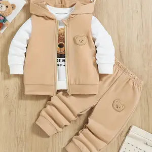 3pcs Boys' Bear Set Hooded Vest, Bear Print Sweatshirt and Trousers Outdoor Outfit Age 2-3years