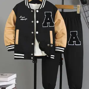 3 piece Boys' Autumn Casual Baseball Outfit: Includes a Long-Sleeve Shirt With Pockets, Button-Up Baseball Jacket, and Elastic Waist Trouser Set. Age 7-8 Years