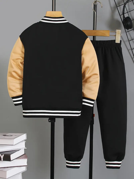 3 piece Boys' Autumn Casual Baseball Outfit: Includes a Long-Sleeve Shirt With Pockets, Button-Up Baseball Jacket, and Elastic Waist Trouser Set. Age 7-8 Years