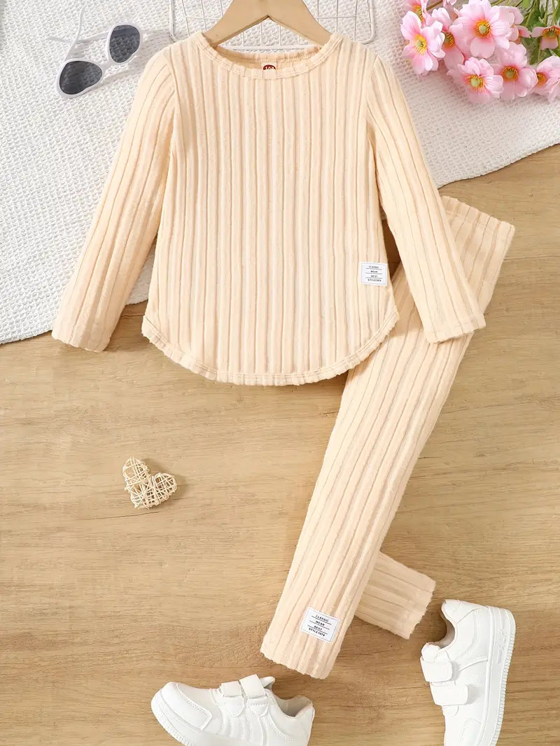 2pcs Set. Girls' Long Sleeve Crew Neck Outfit for Autumn/Winter, Plush Ribbed, Straight Leg Leggings Different Colours and Sizes Avaialble.