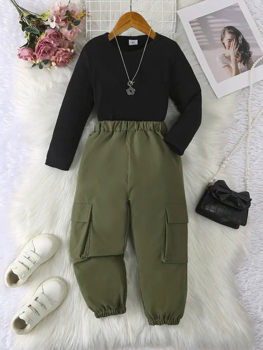 Autumn And Winter Girls' Long-Sleeve Ribbed Top with Round Neck And Cargo Pants Two-Piece Set, Army Green and Black