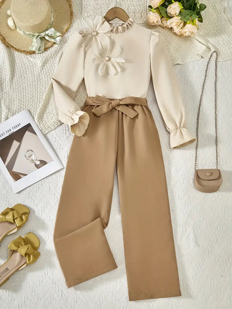 2 Piece Fashion Casual Style Autumn 3D Floral Long Sleeve Pullover Shirt with Wide-Leg Trousers- Perfect for Fall, Spring, Back-to-School, Graduation, Parties, Travel, and Everyday Outfits!,