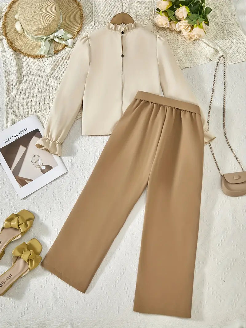 2 Piece Fashion Casual Style Autumn 3D Floral Long Sleeve Pullover Shirt with Wide-Leg Trousers- Perfect for Fall, Spring, Back-to-School, Graduation, Parties, Travel, and Everyday Outfits!,