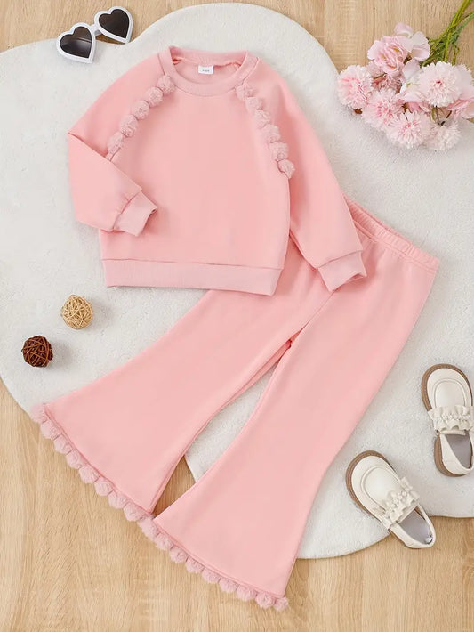 Soft and comfortable 2pcs girls' set, long-sleeve top + flared Trousers with ball lace trim, fleece-lined suit