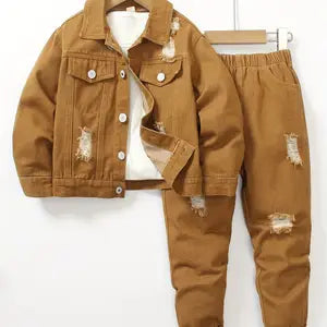 Denim Boys' Jeans Jacket Set Spring/Autumn Long Sleeve Jacket, Elastic Waist Trousers 5-6 Years