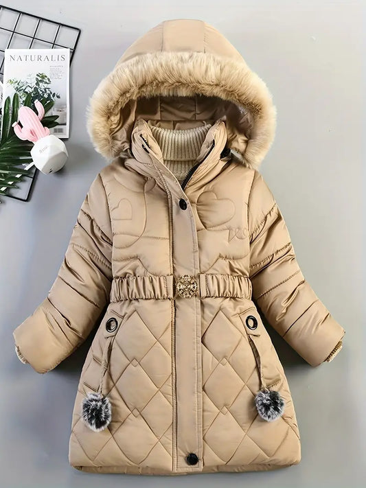 Cosy Thickened Winter Girls' Hooded Jacket Adjustable Belt, Long Sleeve Zip-Up Coat Beige Age 9-10 Years
