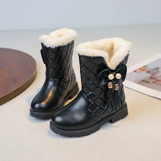 Girls' Winter Boots with Faux Fur Trim & Heart/Bow/Clasp Decorations - Slip-Resistant Rubber Sole, Warm Mid-Calf Height Snow Boots Black Kids