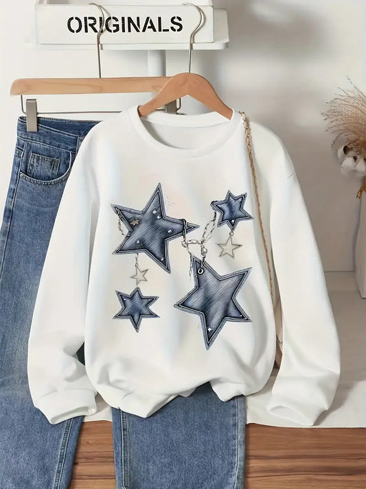 Girls' White Sweatshirt with Blue Star & Chain Design Loose Fit. (Jumper Only)
