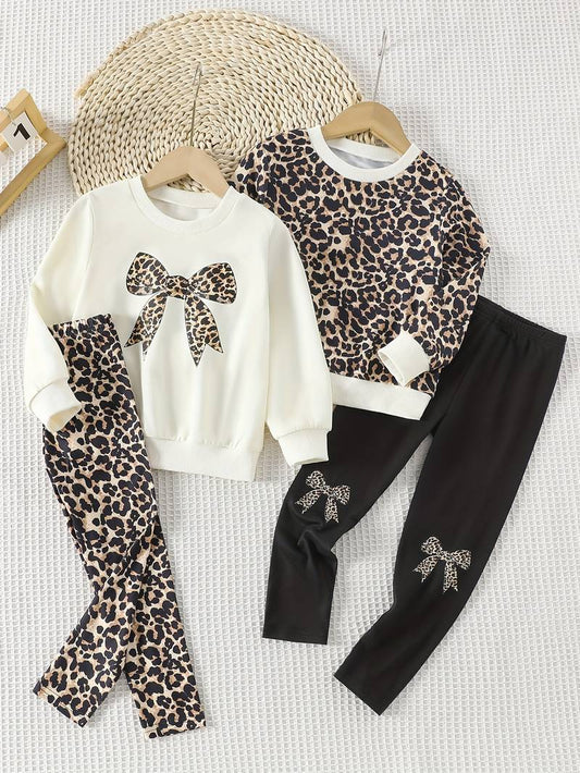2pcs Set Round Neck Leopard Print Bow Design Regular Long Sleeve Top + Slim Fit Ankle-Length Pants Autumn Black and White