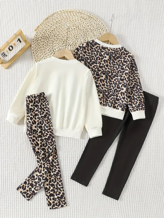 2pcs Set Round Neck Leopard Print Bow Design Regular Long Sleeve Top + Slim Fit Ankle-Length Pants Autumn Black and White