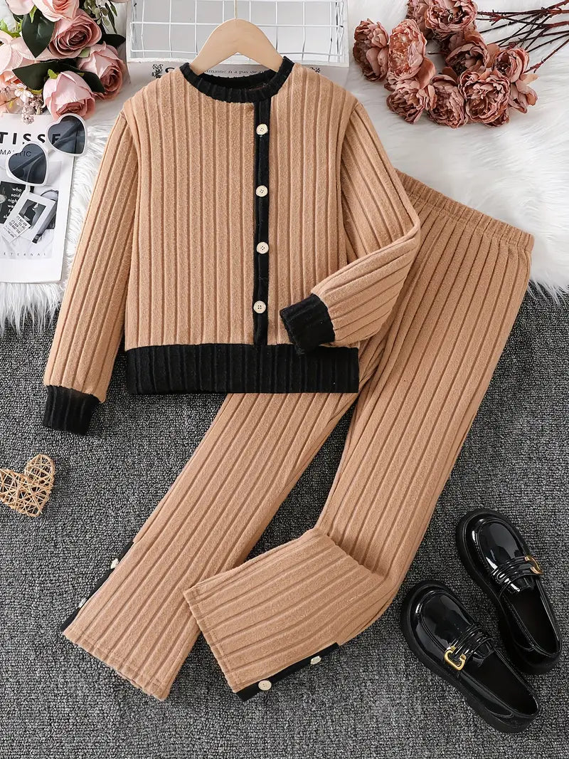 2 Piece Set Elegant Round Neck Patchwork Long Sleeve Fleece-Like Ribbed Mock Button Front Blouse