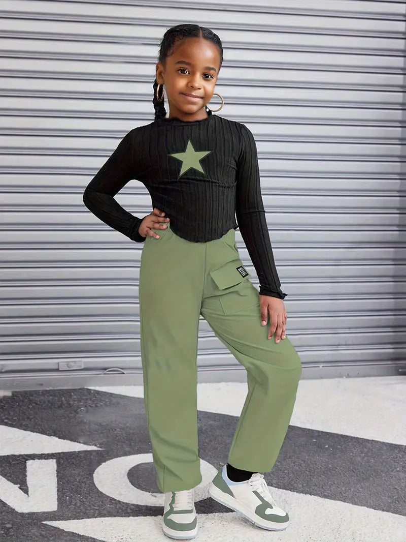 2 Piece Set Street Style Crew Neck Sweatshirt & Embroidered Cargo Pants, Regular Fit,