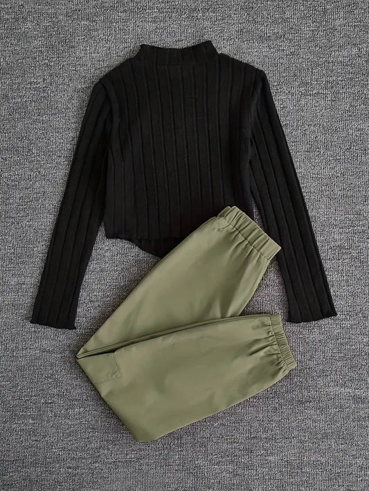 2 Piece Set Street Style Crew Neck Sweatshirt & Embroidered Cargo Pants, Regular Fit,