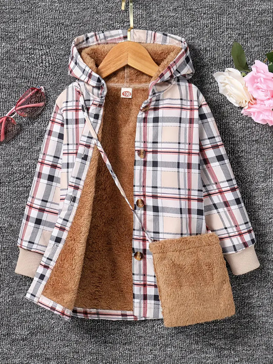 Cozy Fleece-Lined Plaid Hooded Jacket for Girls, Long Sleeve Mid-Length Casual Outerwear Pink and White with Single-Button Front - Autumn/Winter Wear, Includes Carry Bag, Thick Fleece Fabric