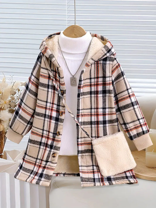 Fleece-Lined Plaid Jacket for Girls | Winter Hooded Mid-Length Checkered Coat with Pockets, Age 6 Years
