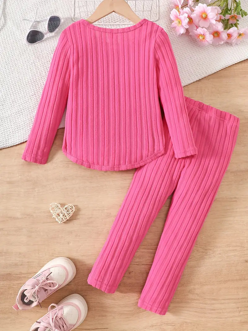 2pcs Set. Girls' Long Sleeve Crew Neck Outfit for Autumn/Winter, Plush Ribbed, Straight Leg Leggings Different Colours and Sizes Avaialble.