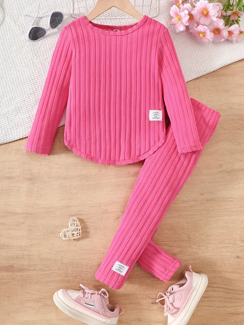 2pcs Set. Girls' Long Sleeve Crew Neck Outfit for Autumn/Winter, Plush Ribbed, Straight Leg Leggings Different Colours and Sizes Avaialble.