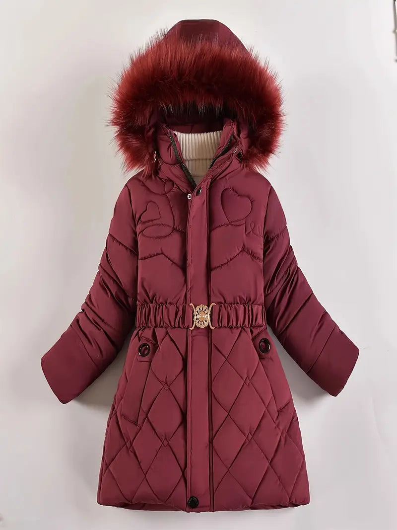 Cosy Thickened Winter Girls' Hooded Jacket Adjustable Belt, Long Sleeve Zip-Up Coat, Deep Red Age 7-8 Years