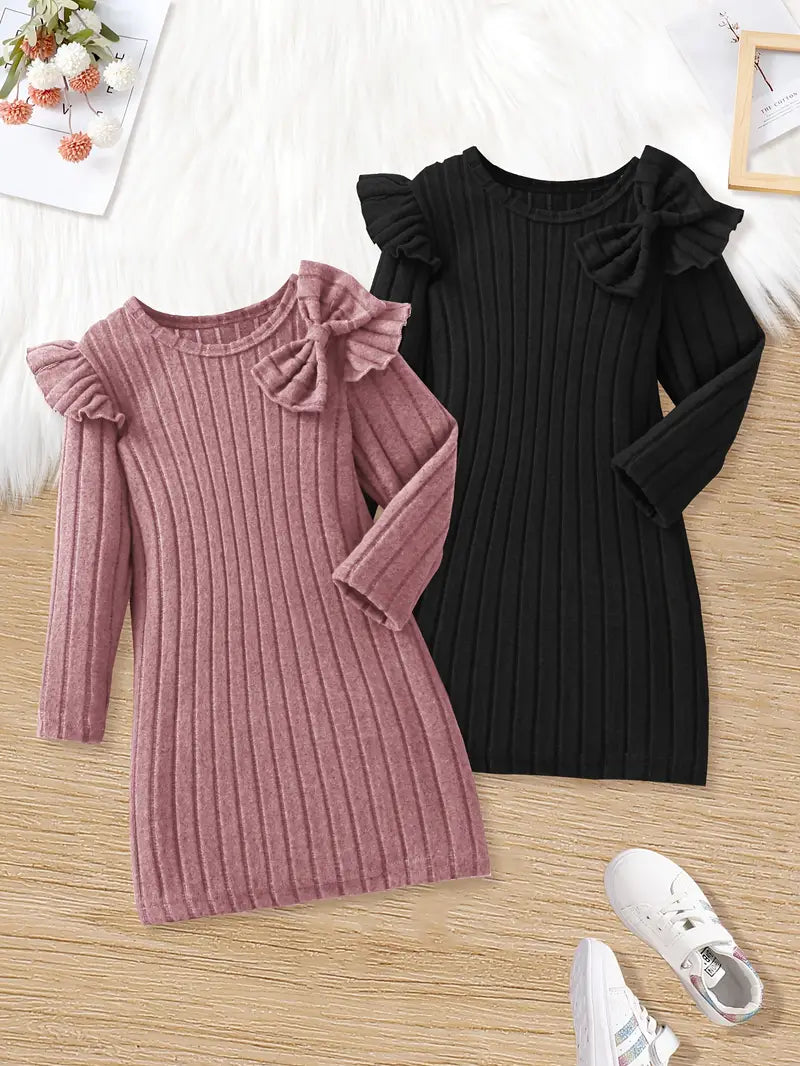 1 Piece Long Sleeve Dresses with Bow Detail - Lightweight Stretchy Fabric, Ribbed Texture, Mid-Length