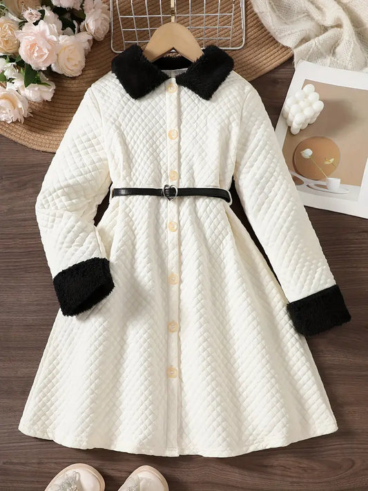 Elegant Quilted Pearl stone Dress with Faux Fur Collar & Cuffs, Contrast Belt, Long Sleeve, White and Black