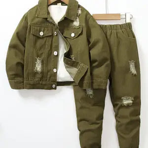 Denim Boys' Jeans Jacket Set Spring/Autumn Long Sleeve Jacket, Elastic Waist Trousers 7-8 Years