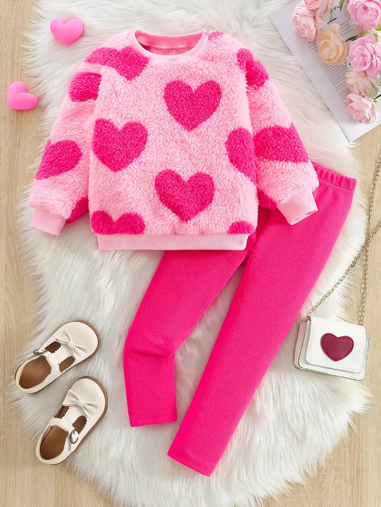Girls Two-Piece Fleece Set Fashion Round Neck Heart Pattern Fleece Hoodie and Ankle-Length Leggings Pink
