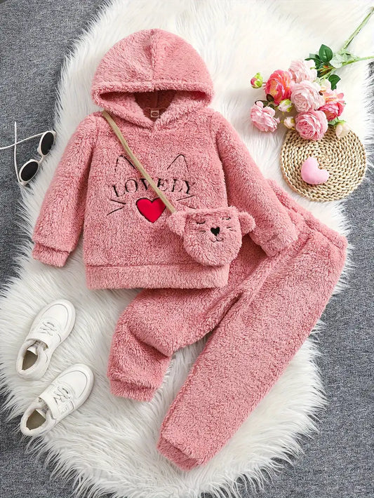 Girls' 3pcs Set with Small Bag, Reversible Velvet, Long Sleeve &  Joggers Outfit, Fleece Tracksuit for Winter