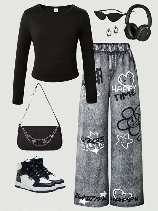 Girls' Fashion Trendy Long Sleeve Graffiti Tee and Denim Wide Leg Trousers 2 Piece Set