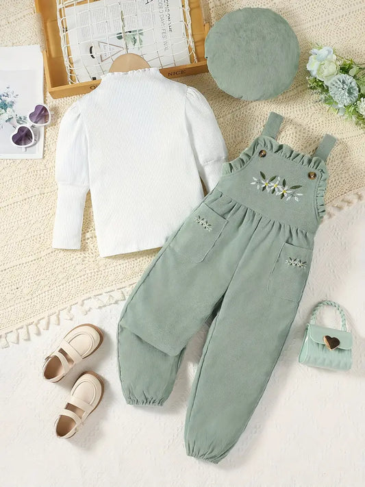 Girls High-Neck T-Shirt and Embroidered Floral Pattern Jumpsuit with Hat Autumn/Winter Three-Piece Set, Age 1-2 Years