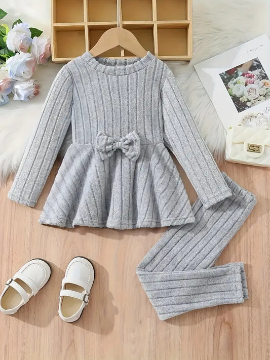 Chic Girls' Bow Long Dress Top and Leggings Set - Comfortable Brushed Fabric,  Perfect for Autumn and Winter Grey