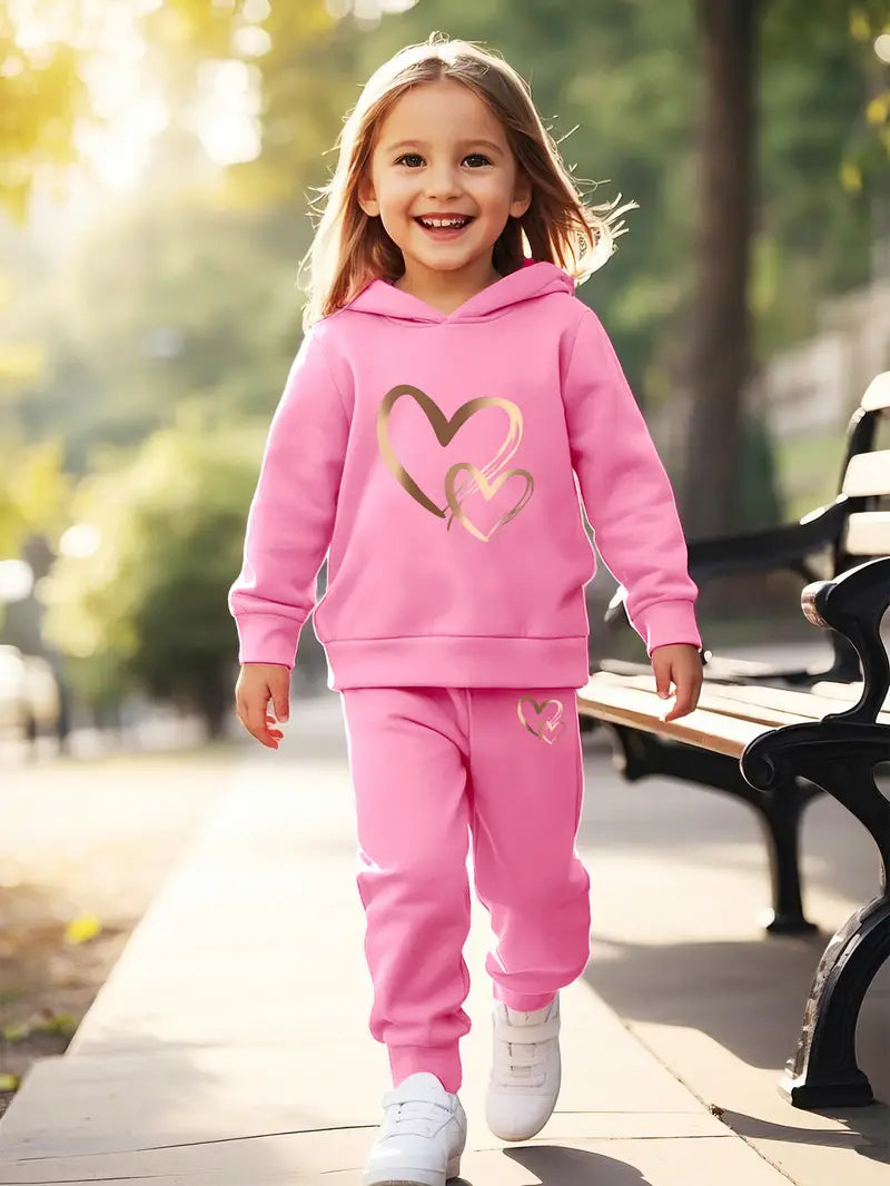 2pcs Girls' Printed Heart Pattern Hooded Fleece Sweatshirt & Joggers Set