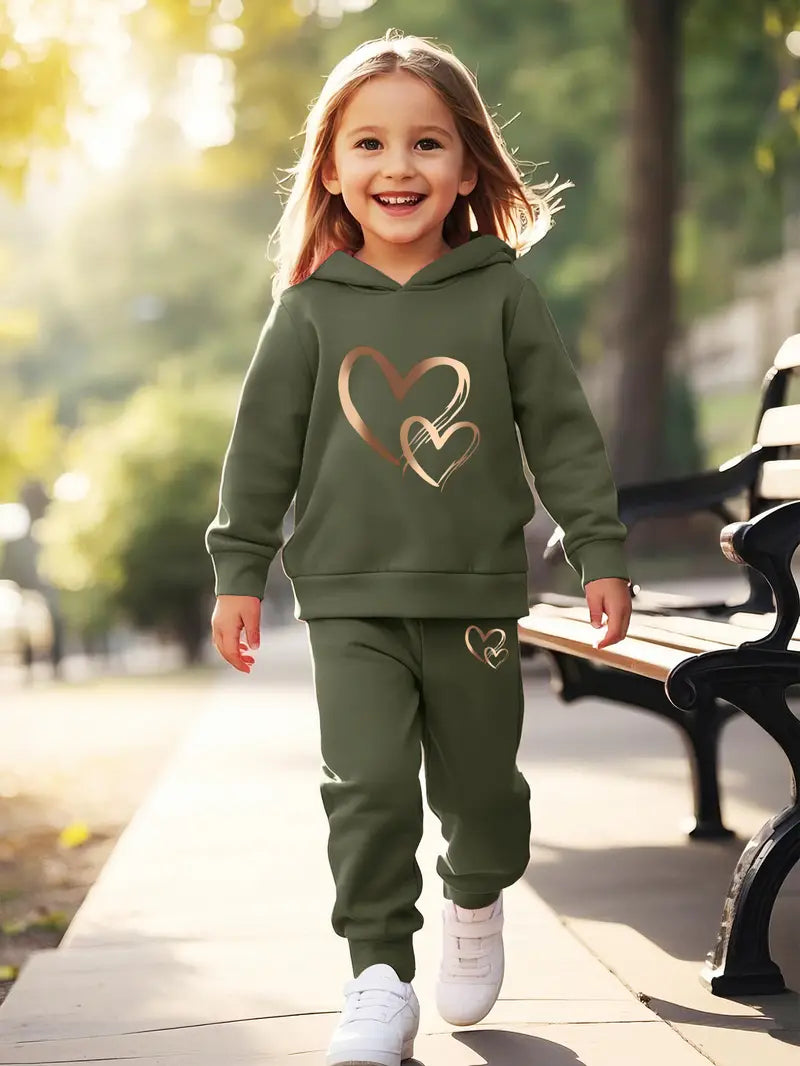 2pcs Girls' Printed Heart Pattern Hooded Fleece Sweatshirt & Joggers Set
