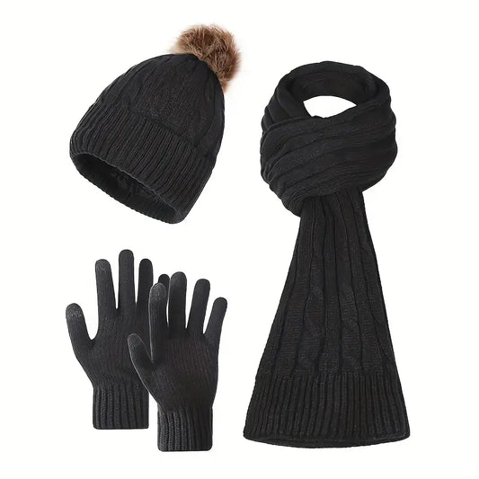 3pcs Womens Simple Solid Colour Vertical Stripe Twisted Plaid Knitted Fleece Beanie, Scarf and Gloves Set