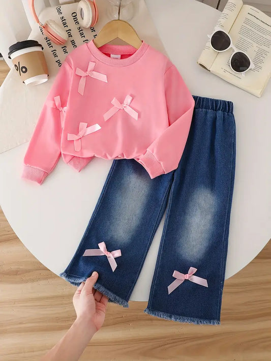 Sweet And Cute Crew Neck Long Sleeve Top + Soft Jean Trousers with Bow Two-Piece Pink and Blue