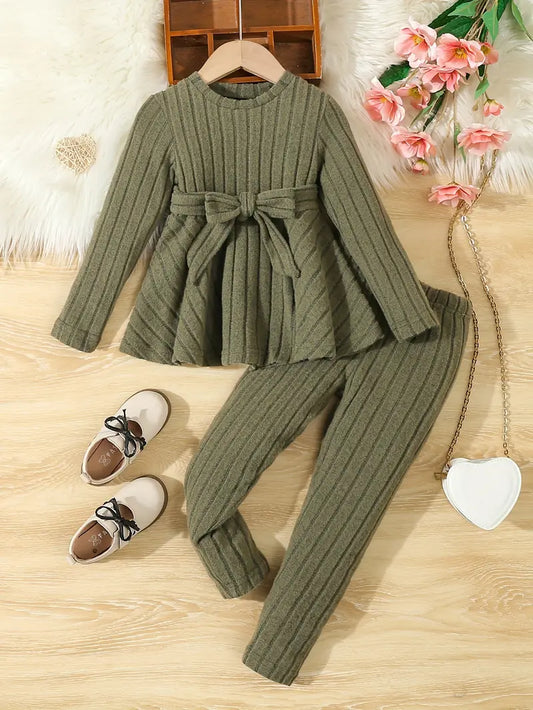 Girls Fashion Set Knitted Bow Top + Trousers Two-Piece Set.