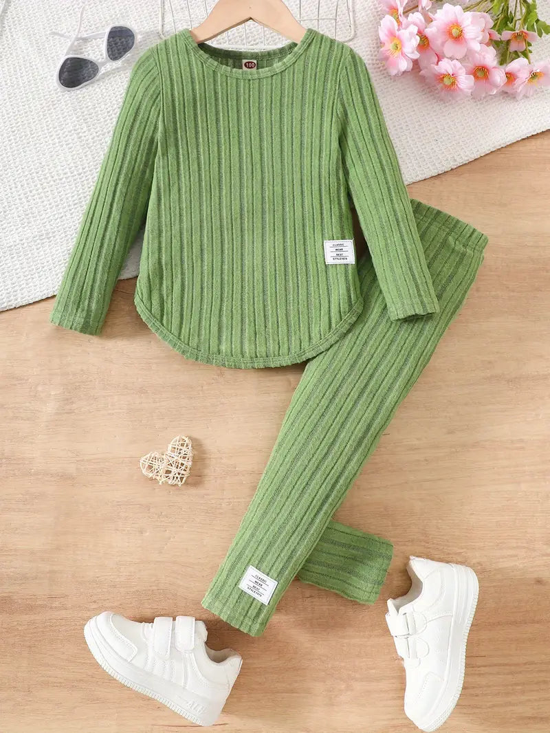 2pcs Set. Girls' Long Sleeve Crew Neck Outfit for Autumn/Winter, Plush Ribbed, Straight Leg Leggings Different Colours and Sizes Avaialble.